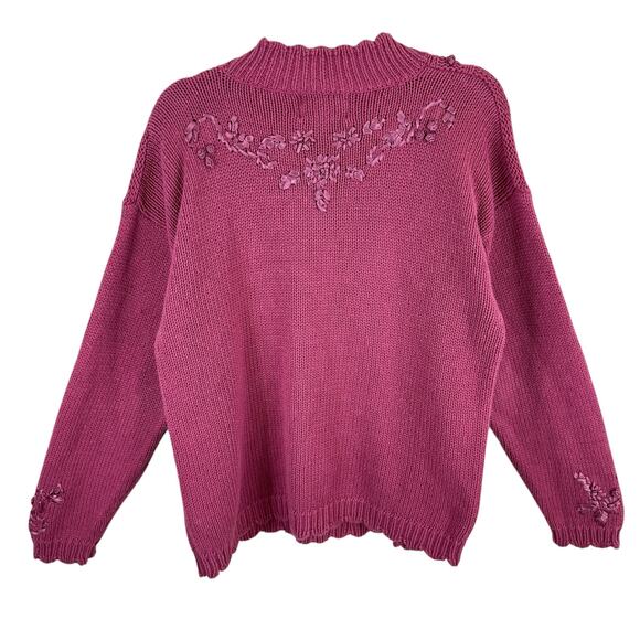 Ninon De Lenclos Vintage Pink Mock Neck Cable Knit Ribbon Embellished Sweater L - Picture 3 of 7